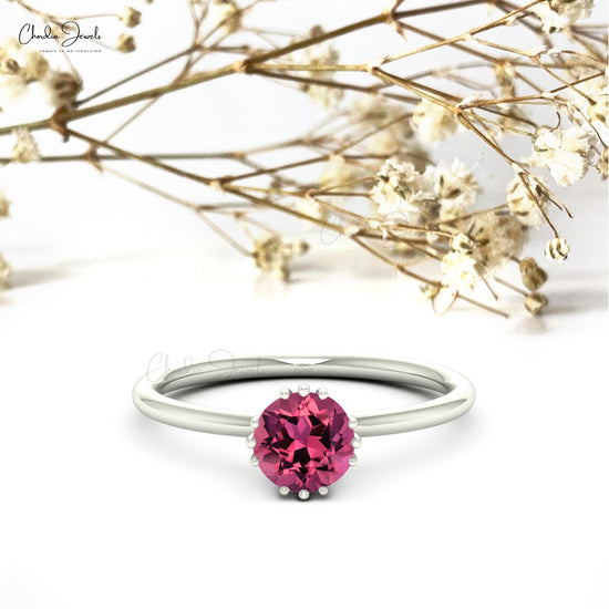 Round Cut Natural Pink Tourmaline Engagement Ring 14k Gold