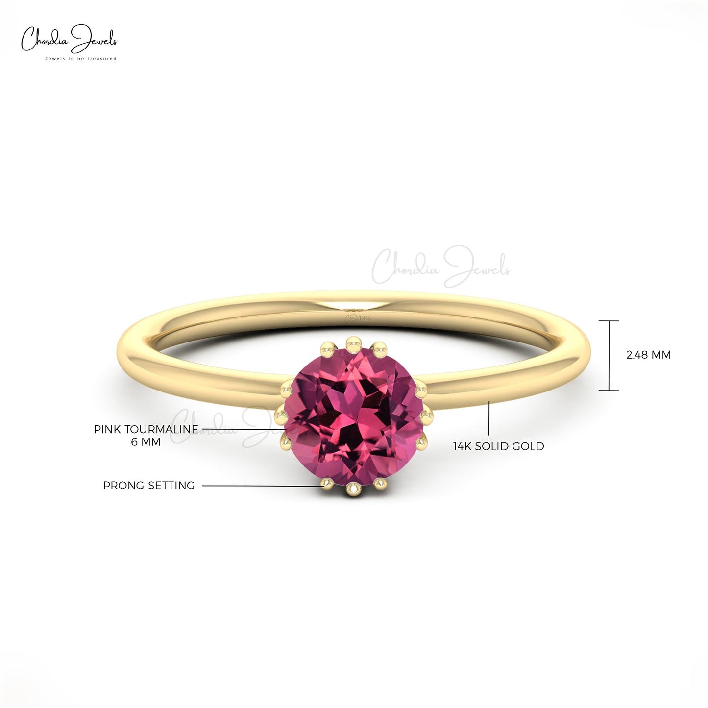Round Cut Natural Pink Tourmaline Engagement Ring 14k Gold