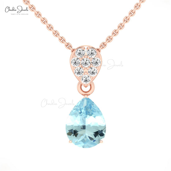 Natural Aquamarine Tear Drop Pendant 2.00 Carat 14k Solid Gold White Diamond Pendant