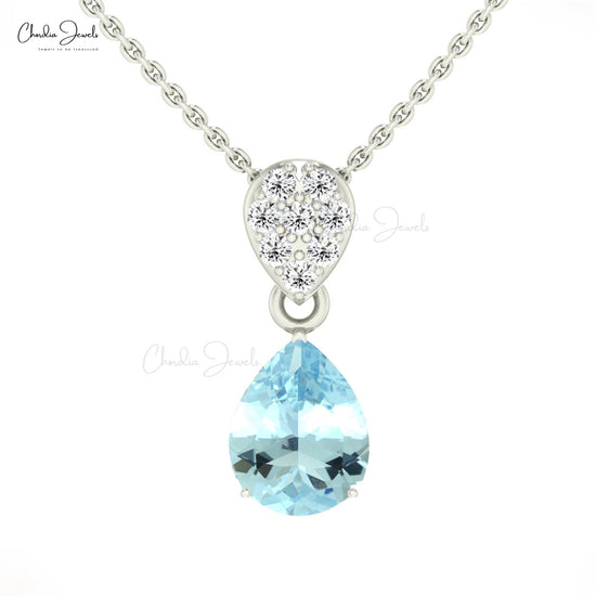 Natural Aquamarine Tear Drop Pendant 2.00 Carat 14k Solid Gold White Diamond Pendant