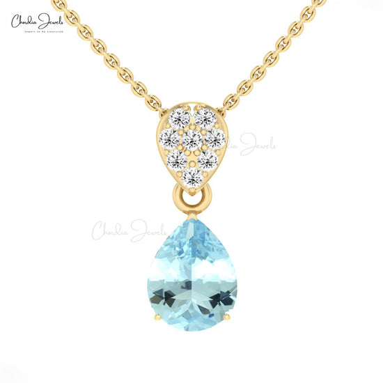 Natural Aquamarine Tear Drop Pendant 2.00 Carat 14k Solid Gold White Diamond Pendant