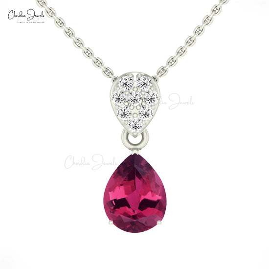 AAA Pink Tourmaline Pendant 9X7mm Pear Cut Pendant In 14k Solid Gold White Diamond