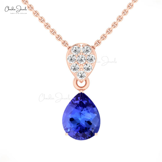 Antique Design 14k Solid Gold Teardrop Pendant Natural White Diamond and Tanzanite Gemstone Pendant Necklace Hallmarked Jewelry For Gift
