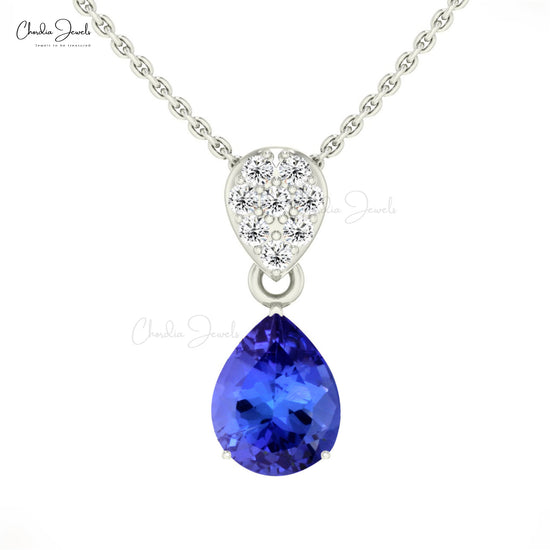 Antique Design 14k Solid Gold Teardrop Pendant Natural White Diamond and Tanzanite Gemstone Pendant Necklace Hallmarked Jewelry For Gift
