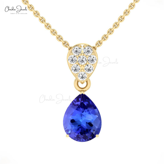 Antique Design 14k Solid Gold Teardrop Pendant Natural White Diamond and Tanzanite Gemstone Pendant Necklace Hallmarked Jewelry For Gift