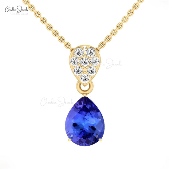 Load image into Gallery viewer, Antique Design 14k Solid Gold Teardrop Pendant Natural White Diamond and Tanzanite Gemstone Pendant Necklace Hallmarked Jewelry For Gift
