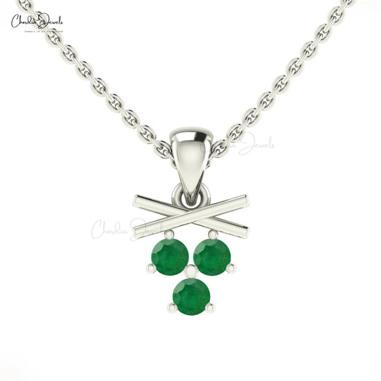Graceful Three-Stone Pendant With 0.18CT Emerald Solid 14k Gold Fine Gemstone Pendant