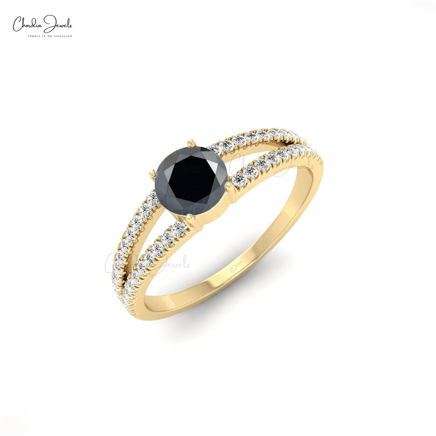 Classic 14k Solid Gold Natural Black Diamond Split Shank Engagement Ring