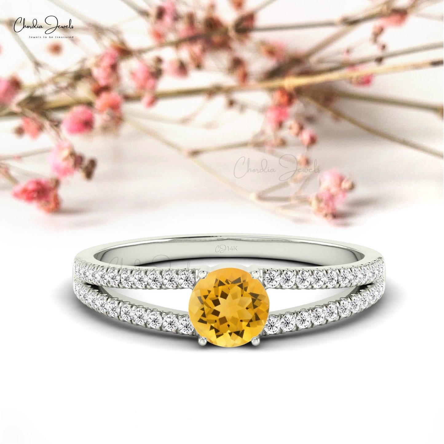 Solitaire 14k Solid Gold Citrine Split Shank Wedding Ring With Diamond Accents