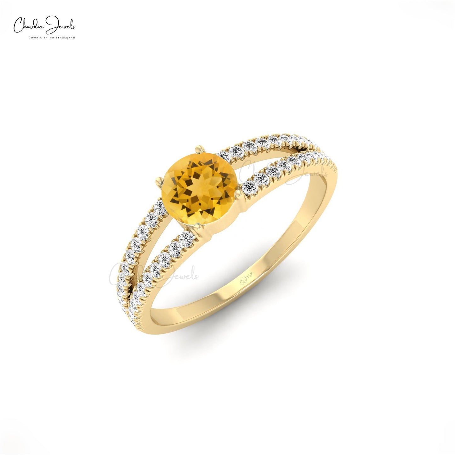 Solitaire 14k Solid Gold Citrine Split Shank Wedding Ring With Diamond Accents