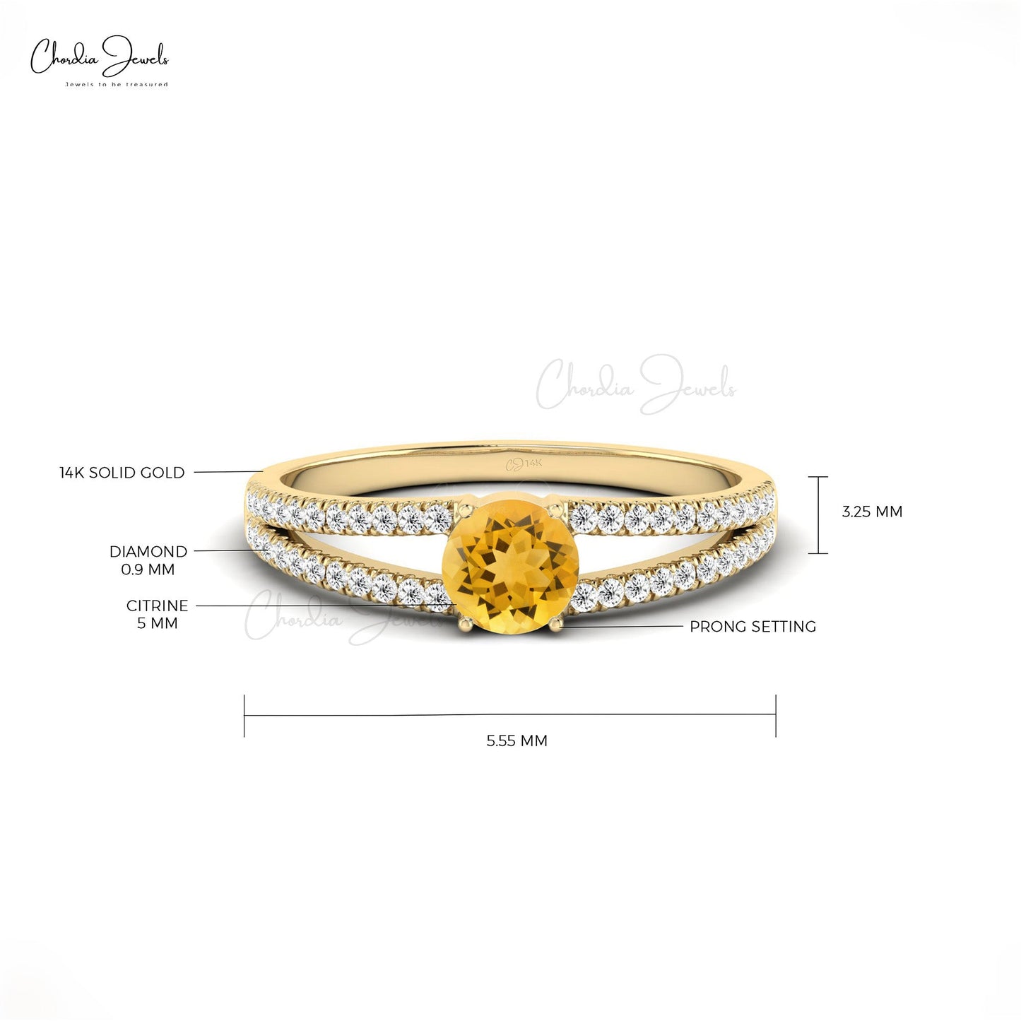 Solitaire 14k Solid Gold Citrine Split Shank Wedding Ring With Diamond Accents