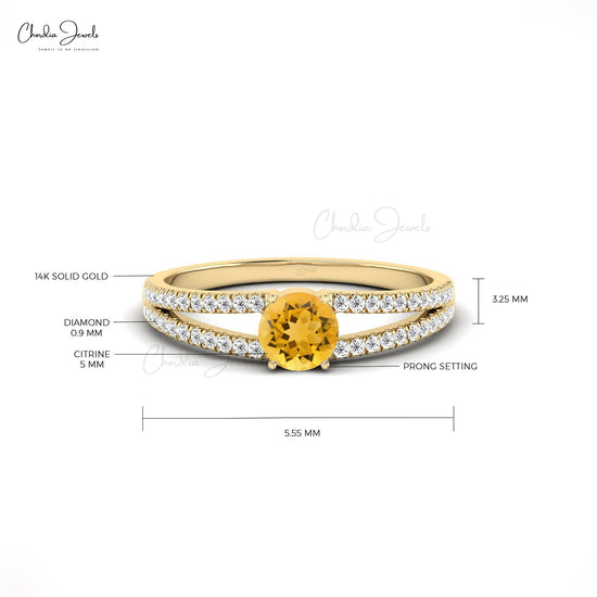 Solitaire 14k Solid Gold Citrine Split Shank Wedding Ring With Diamond Accents