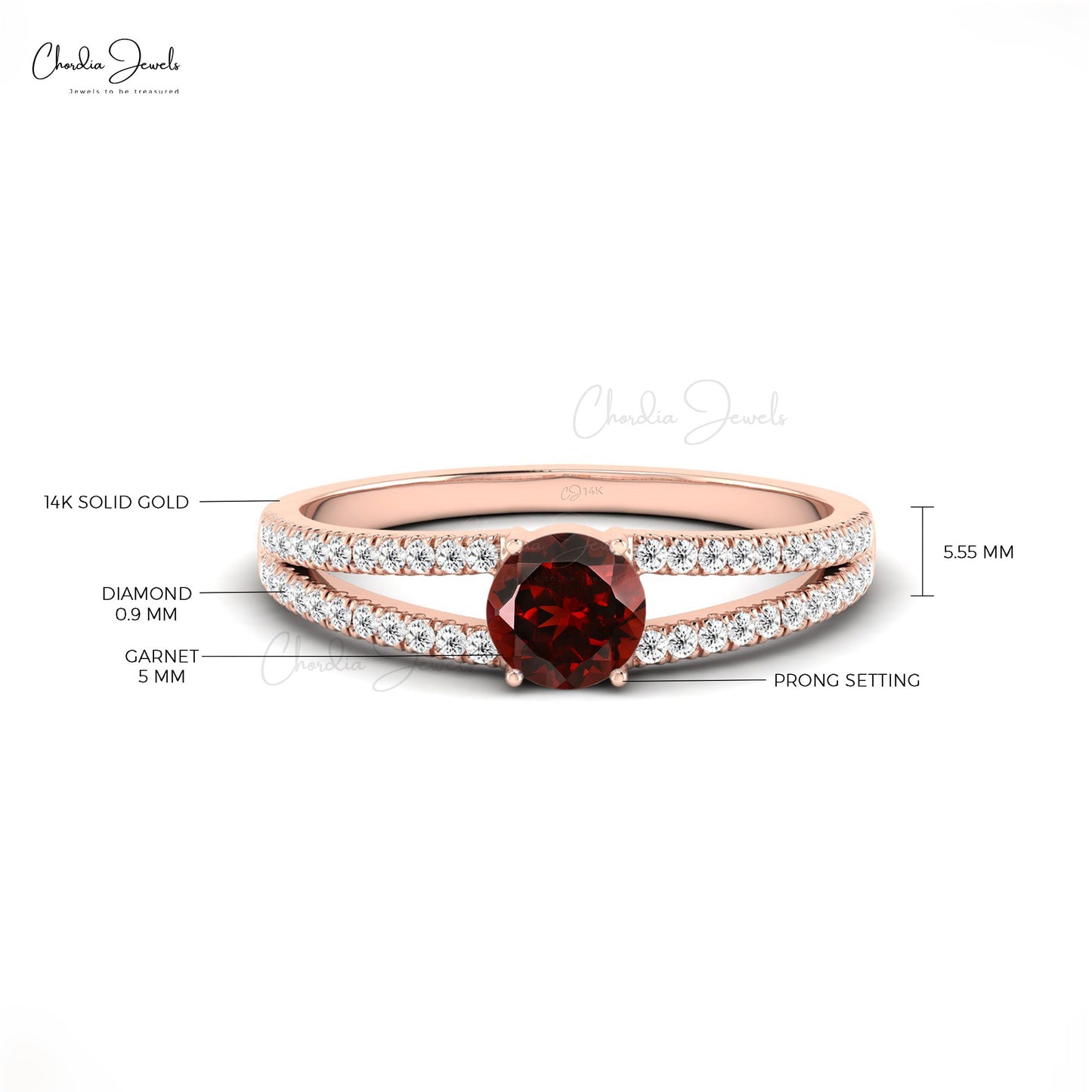 Garnet Solitaire 14k Gold Split Shank Engagement Ring with Diamond Accents