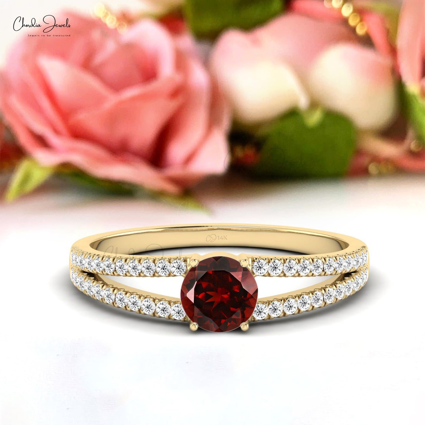 Garnet Solitaire 14k Gold Split Shank Engagement Ring with Diamond Accents