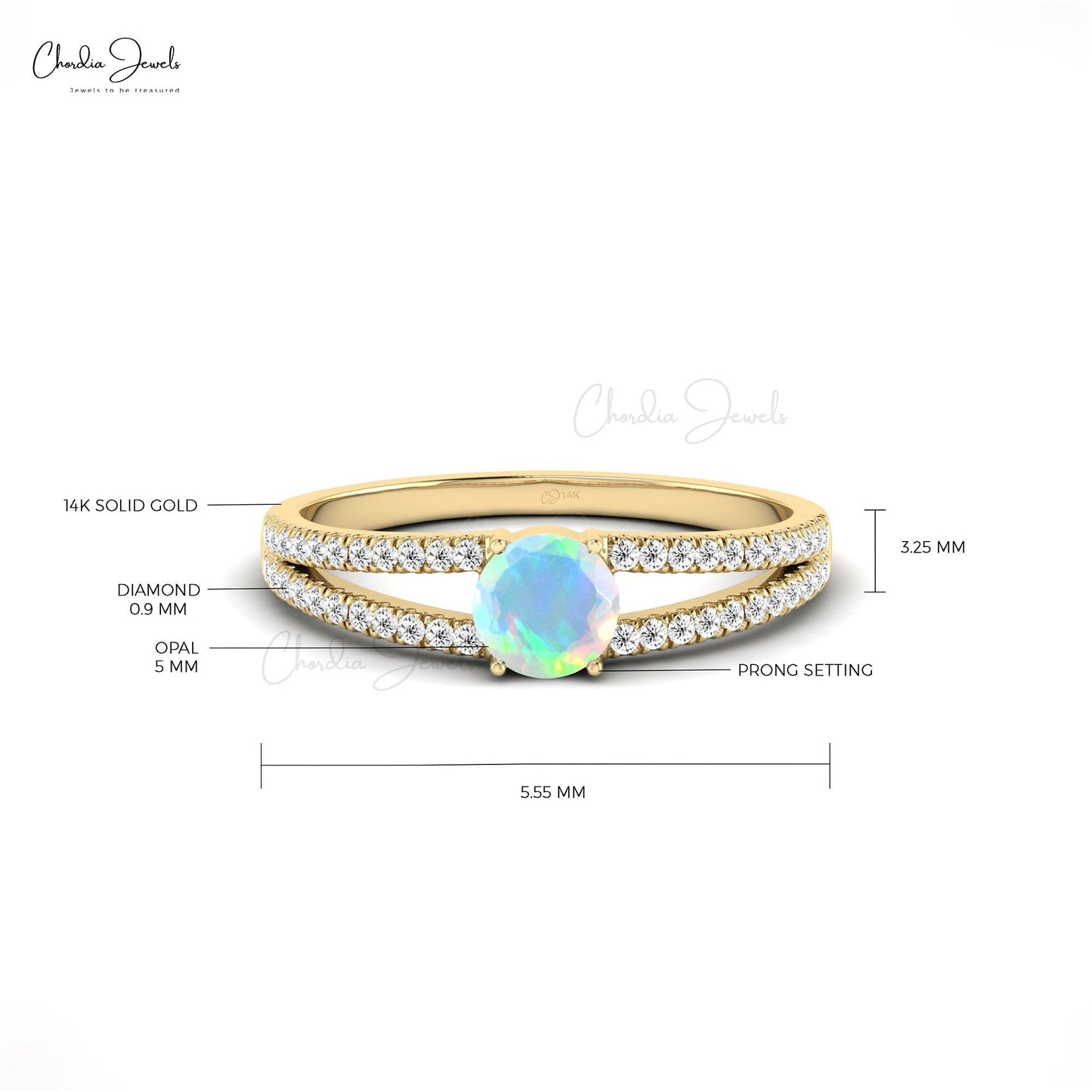 Round Opal 14k Gold Split Shank Engagement Ring With Diamonds