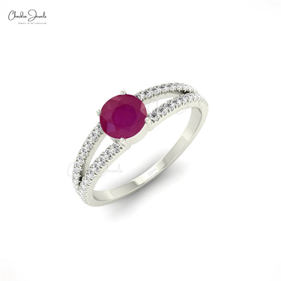 Load image into Gallery viewer, Prong-Set Ruby Split Shank Engagement Ring With Beaded Diamonds
