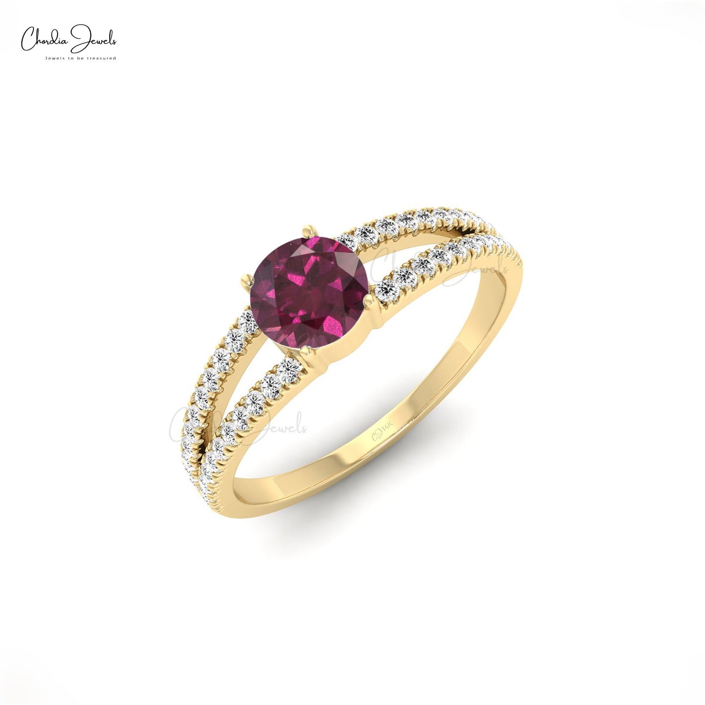Load image into Gallery viewer, Round Shape Rhodolite Garnet Split Shank Engagement Ring with Diamond Accents
