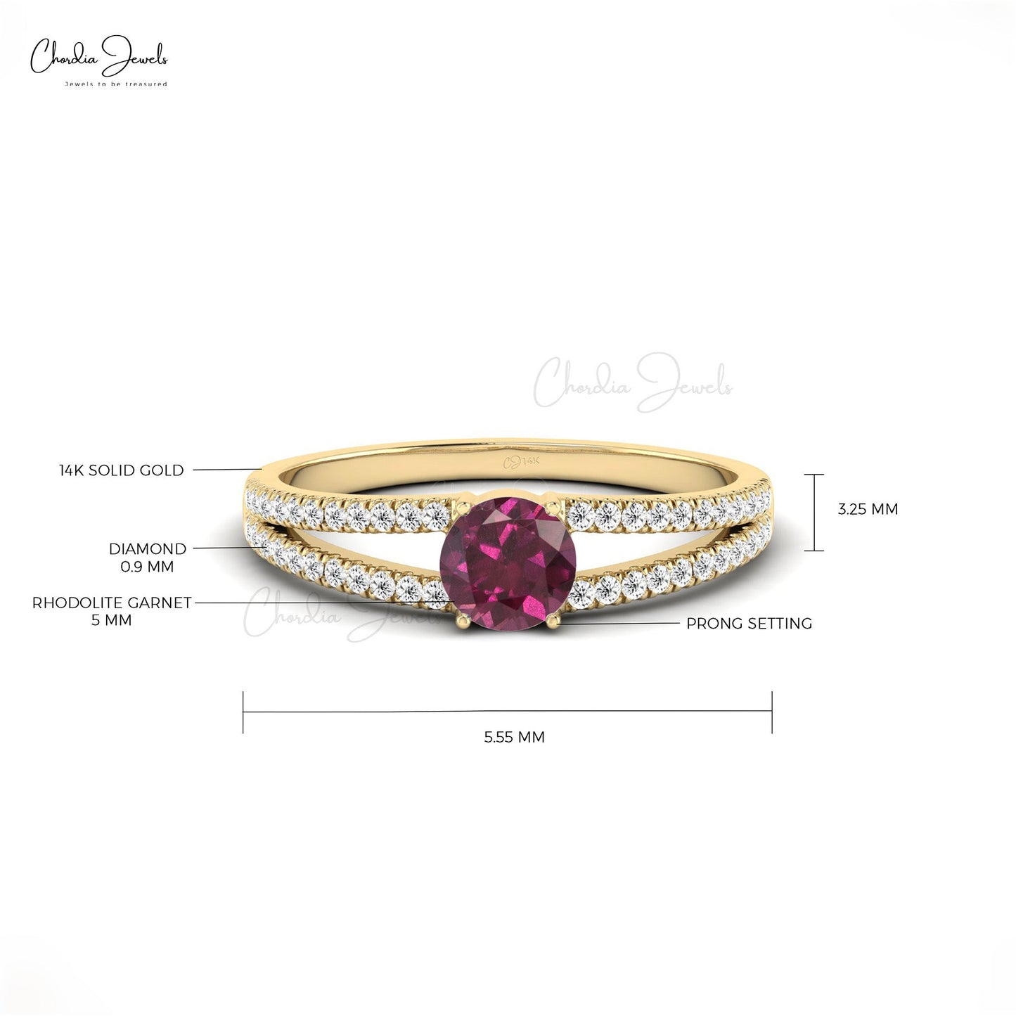 Load image into Gallery viewer, Round Shape Rhodolite Garnet Split Shank Engagement Ring with Diamond Accents
