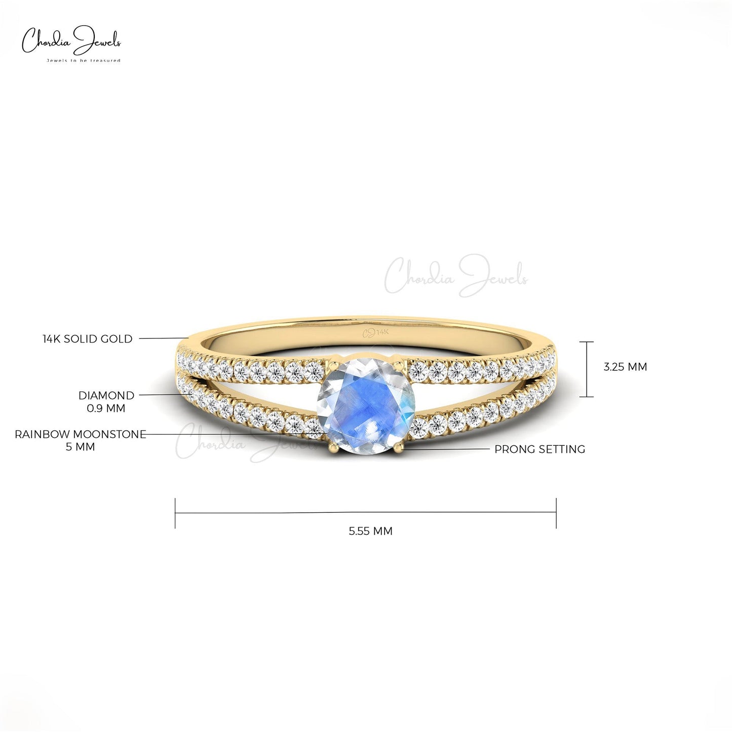 Round Rainbow Moonstone Split Shank 14k Solid Gold Wedding Ring with Diamonds