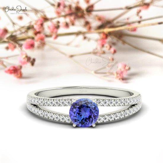 Split Shank Ring With Tanzanite & Diamond Accents 14k Solid Gold Prong Set Light Weight Ring