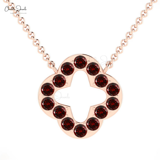 Trendy Stylish 2mm Round Genuine Red Garnet Open Clover Necklace Pendant in 14k Solid Gold Minimalist Jewelry For Gift