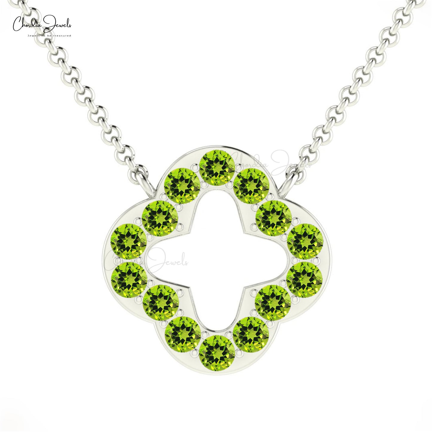 Genuine Green Peridot Necklace Set in 14K Solid Gold Peridot / White Gold