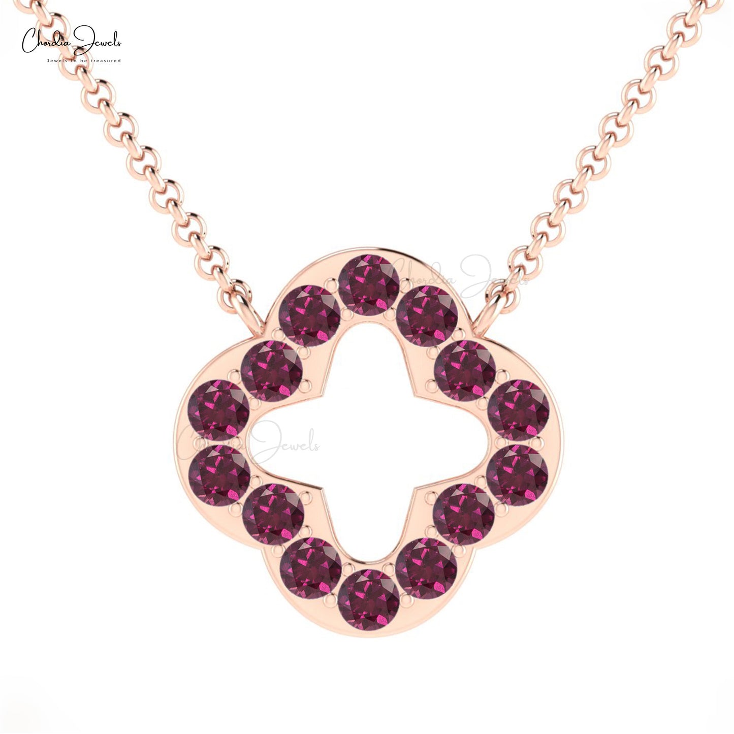 Fashion Simple 2mm Round Shape Natural Rhodolite Garnet Open Clover Gemstone Necklace 14k Solid Gold Necklace Birthday Gift For Mom and Sister