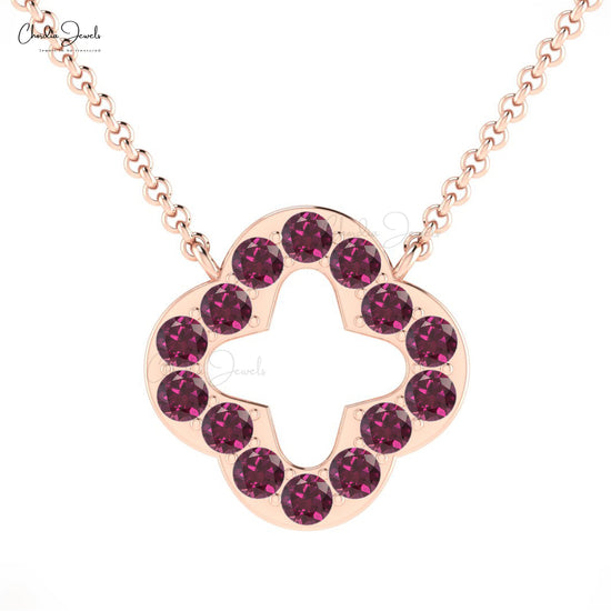 Fashion Simple 2mm Round Shape Natural Rhodolite Garnet Open Clover Gemstone Necklace 14k Solid Gold Necklace Birthday Gift For Mom and Sister
