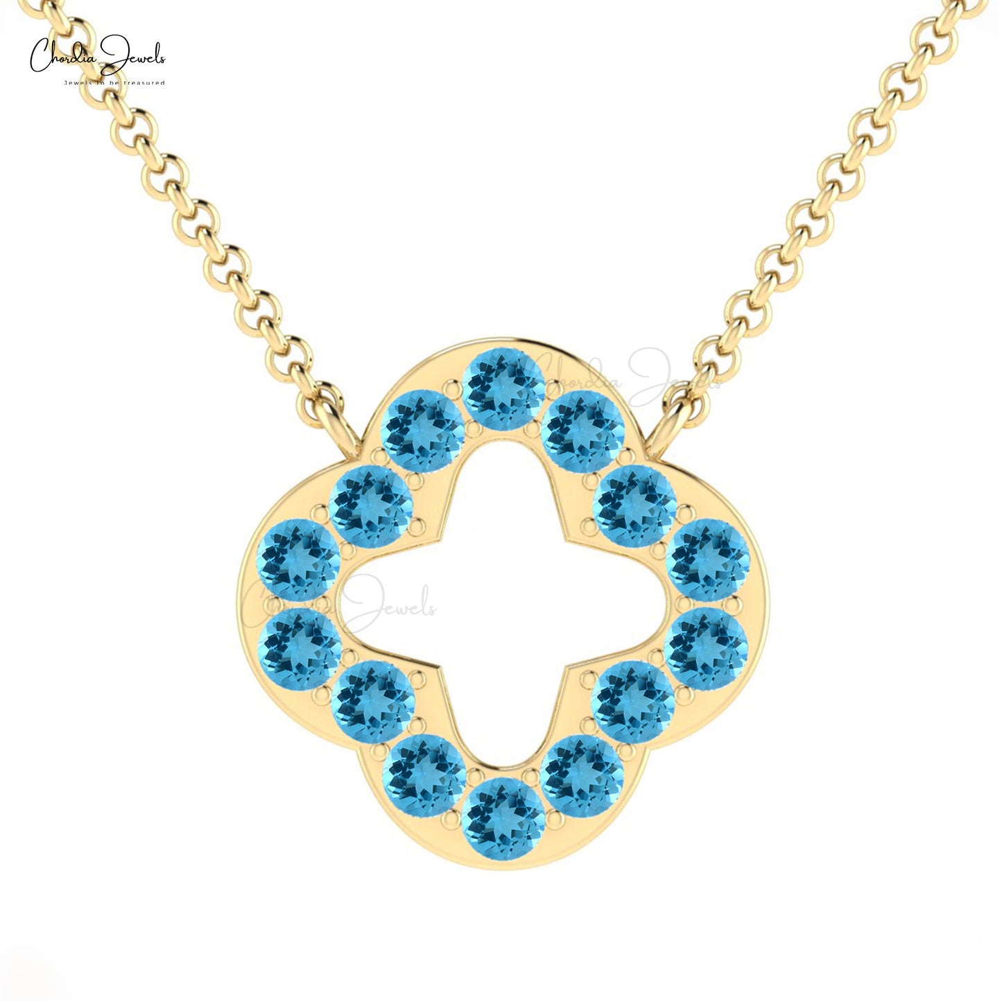 Charming Women's Open Clover Necklace Pendant Natural Swiss Blue Topaz Gemstone Necklace in 14k Real Gold Fine Jewelry For Wedding Gift
