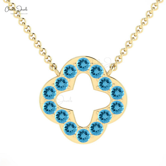 Charming Women's Open Clover Necklace Pendant Natural Swiss Blue Topaz Gemstone Necklace in 14k Real Gold Fine Jewelry For Wedding Gift
