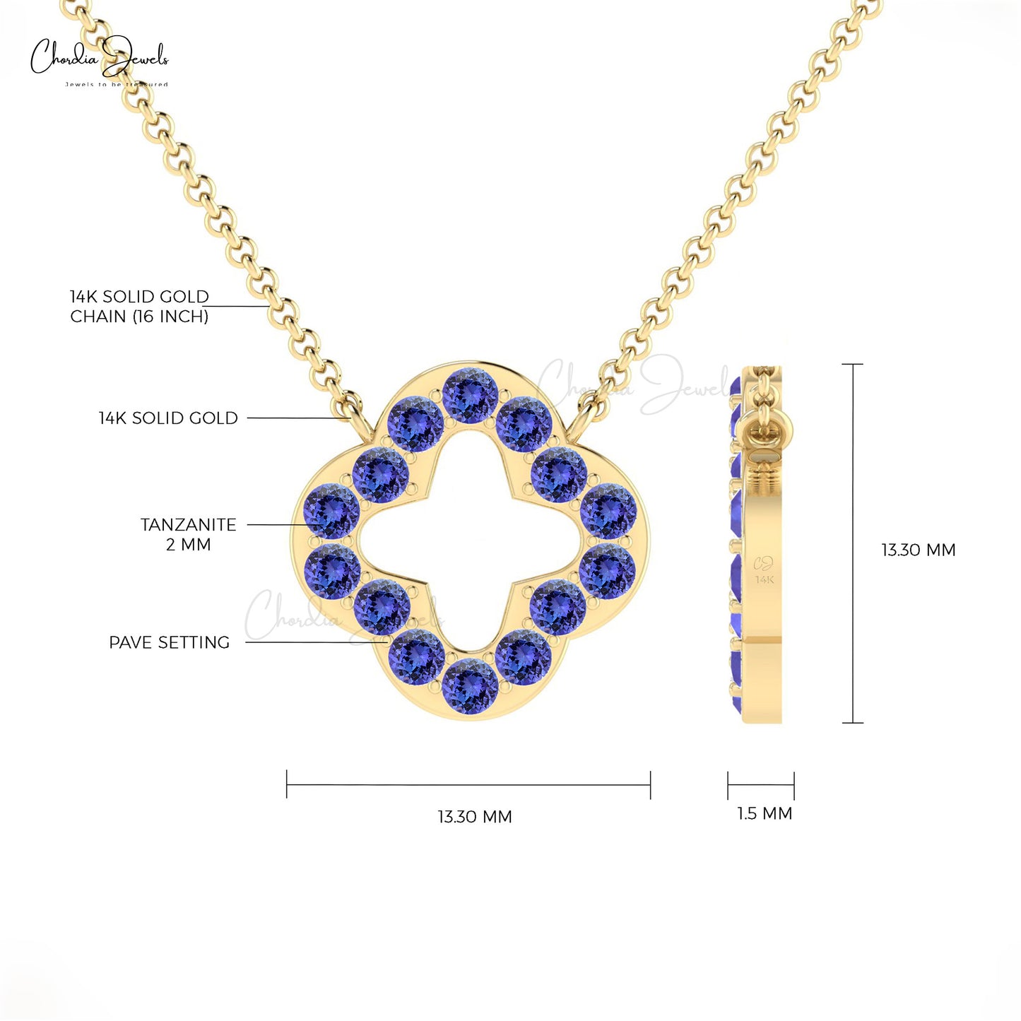 2MM Round Cut Gemstone Open Clover Necklace, Genuine Tanzanite Wedding Necklace, 14K Real Gold December Birth Handmade Jewelry