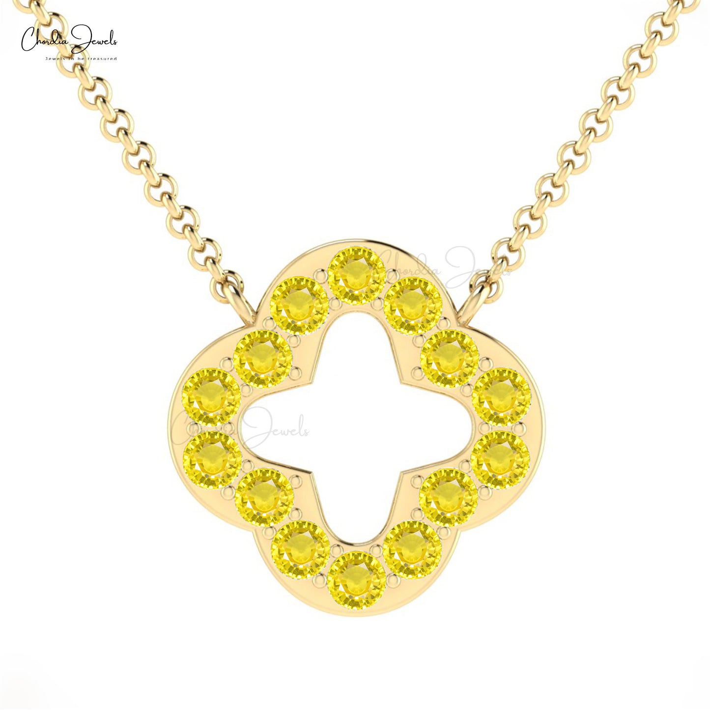 Hot Selling Exquisite Real 14k Gold Open Clover Necklace Pendant Genuine Yellow Sapphire Gemstone Beaded Necklace Anniversary Gift For Women