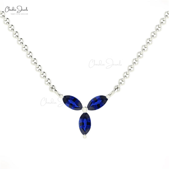 AAA Quality Natural Blue Sapphire Three Stone Necklace in 14k Gold