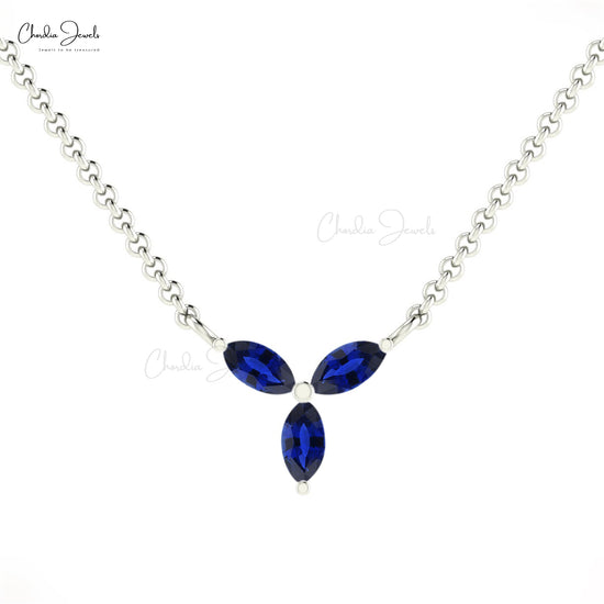 Load image into Gallery viewer, AAA Quality 4x2mm Marquise Cut Natural Blue Sapphire Three Stone Necklace 14k Solid Gold September Birthstone Gemstone Jewelry For Gift
