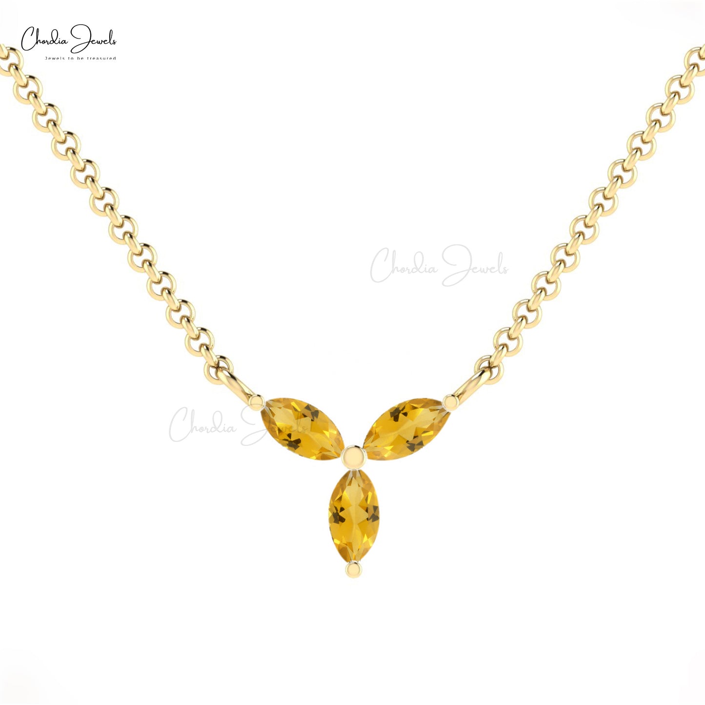 Beautiful Classic Unique Design Marquise Necklace Pendant in 14k Pure Gold Natural Yellow Citrine 3-Stone Necklace Hallmarked Jewelry For Gift