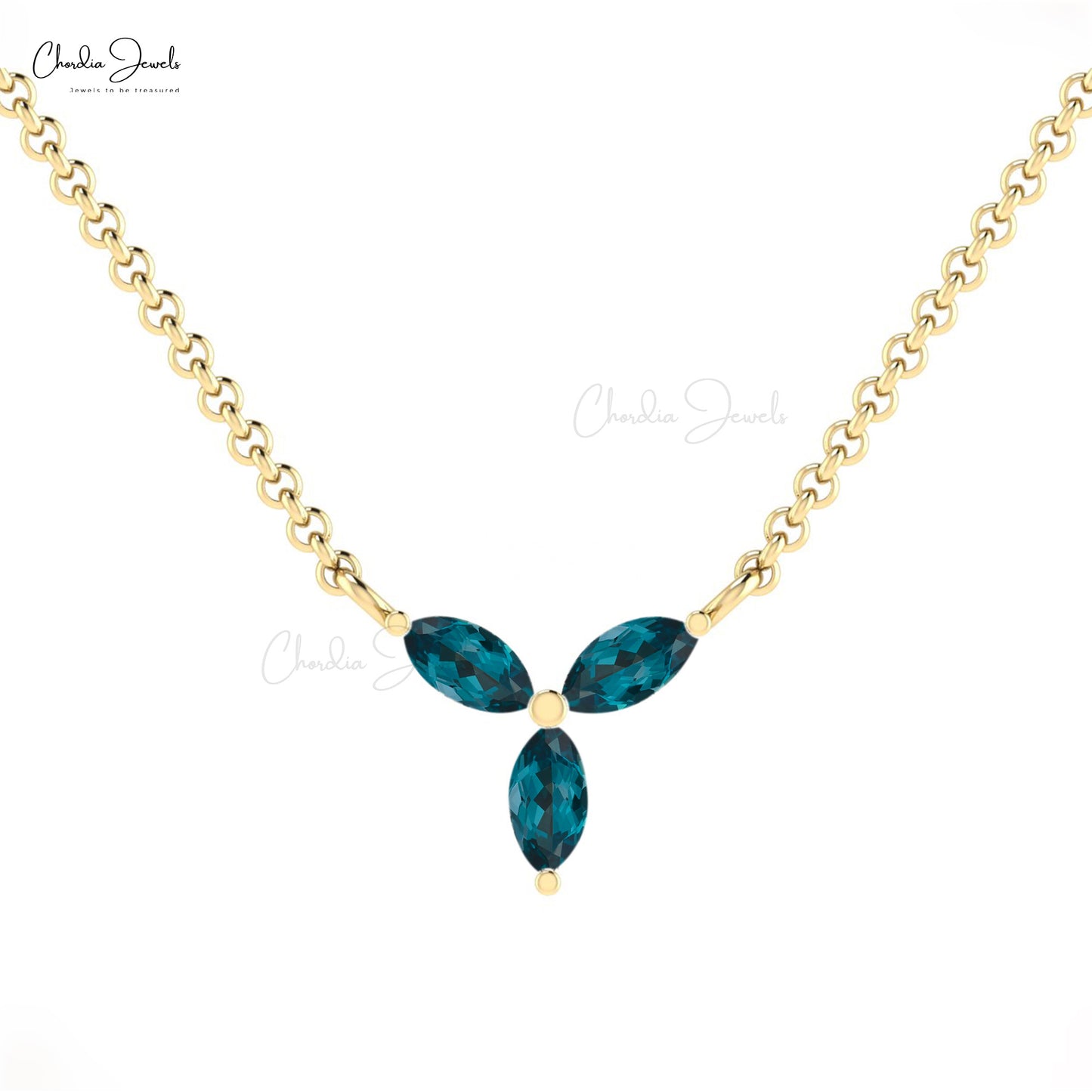 Natural London Blue Topaz Marquise Shape Gemstone Necklace Pendant For Women 14k Real Gold Jewelry Light Weight Jewelry For Gift