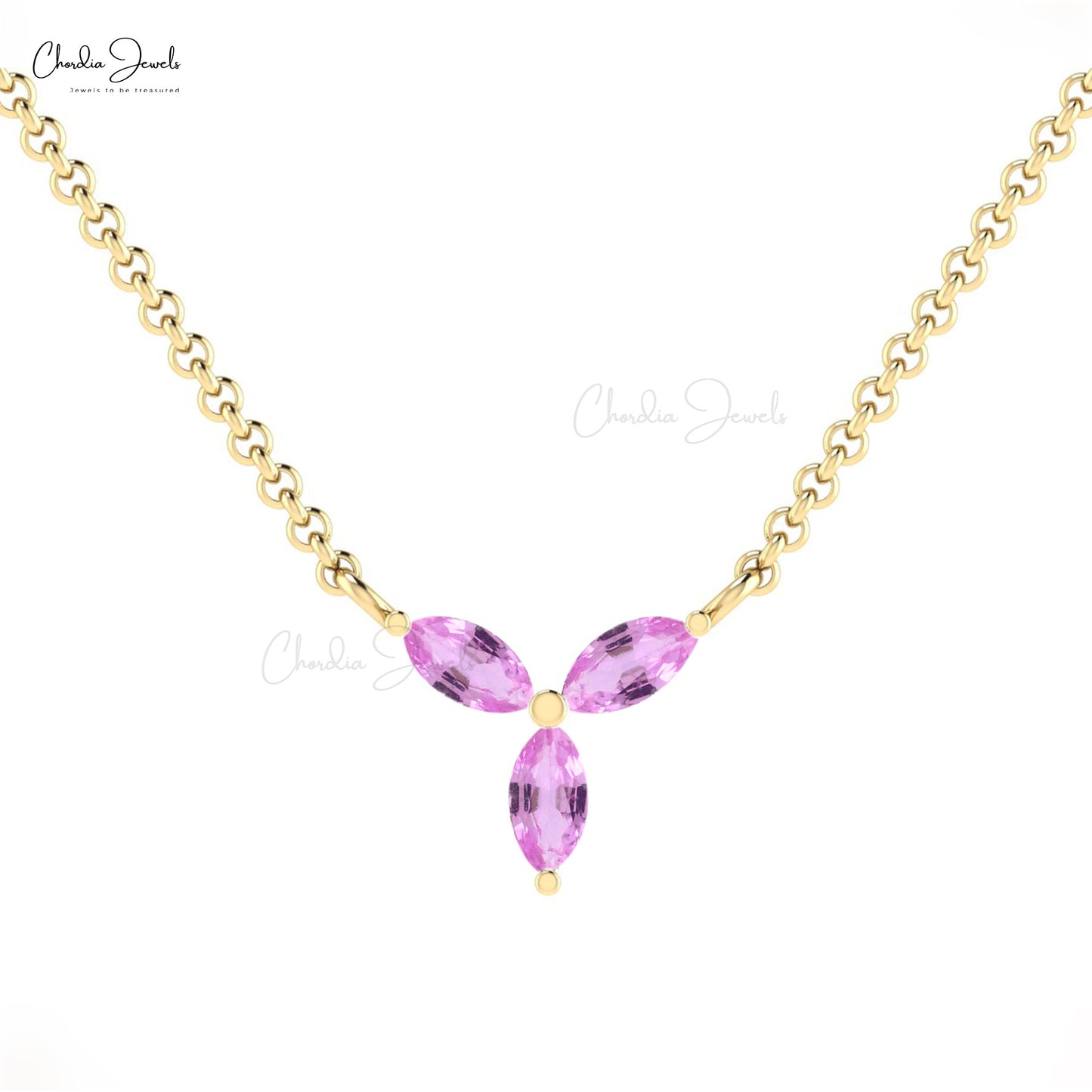 Cluster 3 Stone Women Necklace In 14k Pure Gold Pink Sapphire 4x2mm Gemstone Jewelry