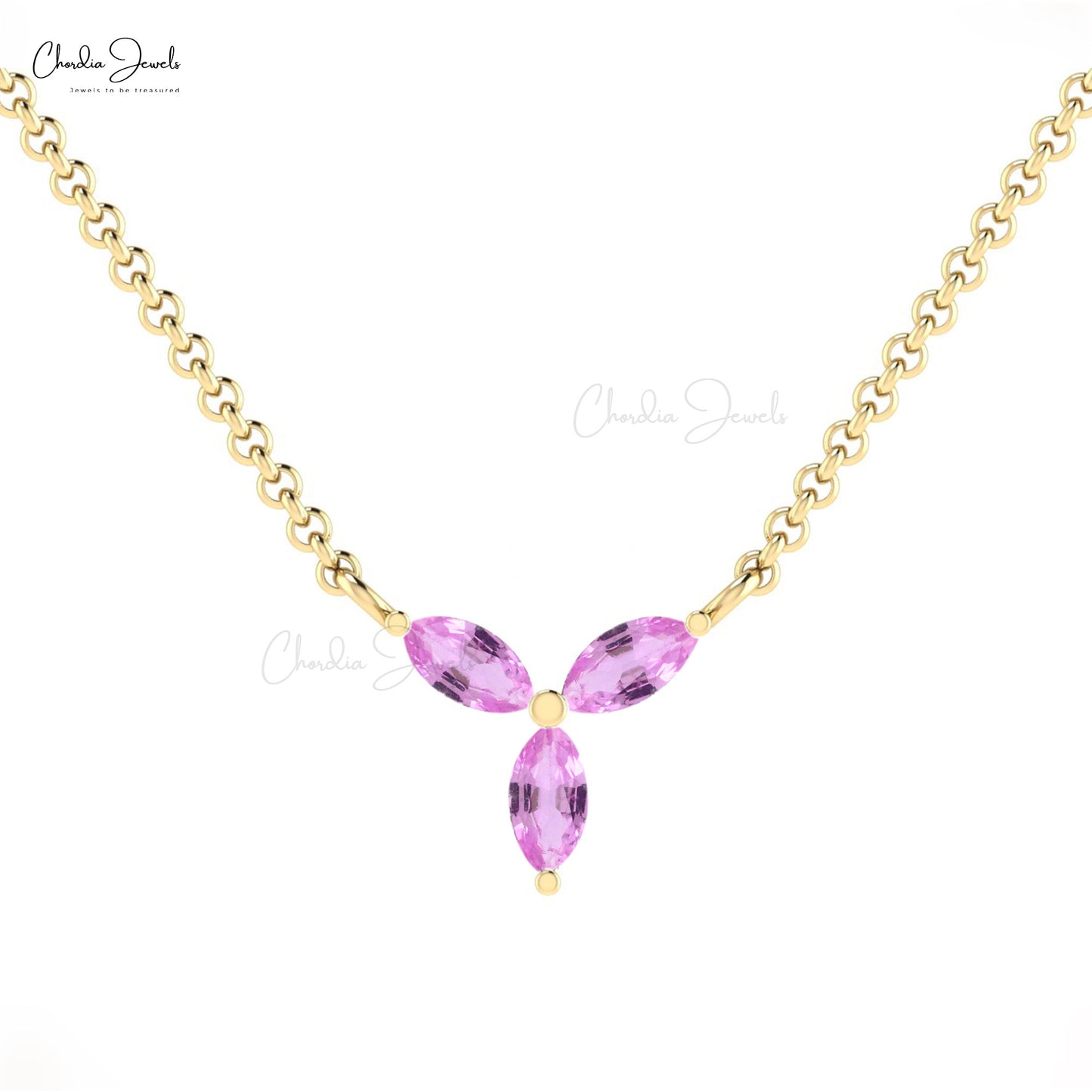 Real 14k Gold 0.24 Ct Prong Set September Birthstone Three Stone Necklace 4x2mm Marquise Cut Genuine Pink Sapphire Minimalist Jewelry For Her