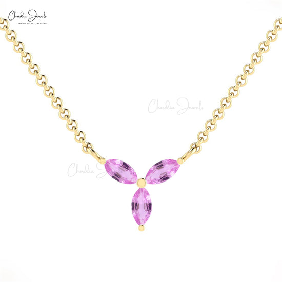 Load image into Gallery viewer, Real 14k Gold 0.24 Ct Prong Set September Birthstone Three Stone Necklace 4x2mm Marquise Cut Genuine Pink Sapphire Minimalist Jewelry For Her
