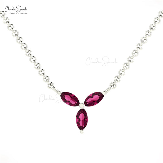 Fashion and Elegant Genuine Rhodolite Garnet Marquise Shape Necklace Pendant 14k Real Gold 3-Stone Necklace Birthday Gift For Wife