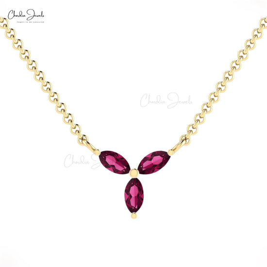 Fashion and Elegant Genuine Rhodolite Garnet Marquise Shape Necklace Pendant 14k Real Gold 3-Stone Necklace Birthday Gift For Wife