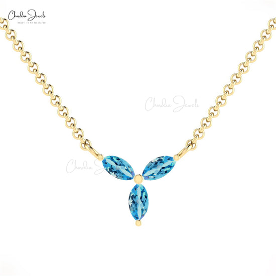 Custom High Quality Luxury Fashion 3-Stone Necklace Pendant Genuine Swiss Blue Topaz Marquise Necklace 14k Pure Gold Jewelry For Gift