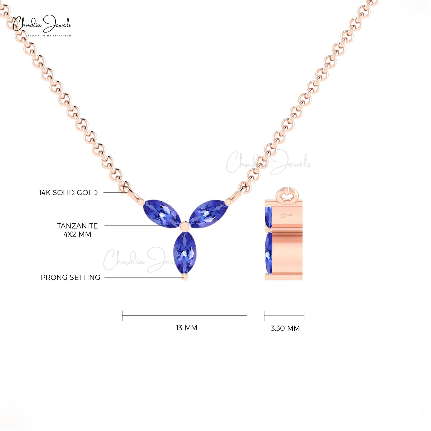 Triple Stone Tanzanite Chain Necklace In 14k Real Gold Marquise 4x2mm Gemstone Jewelry