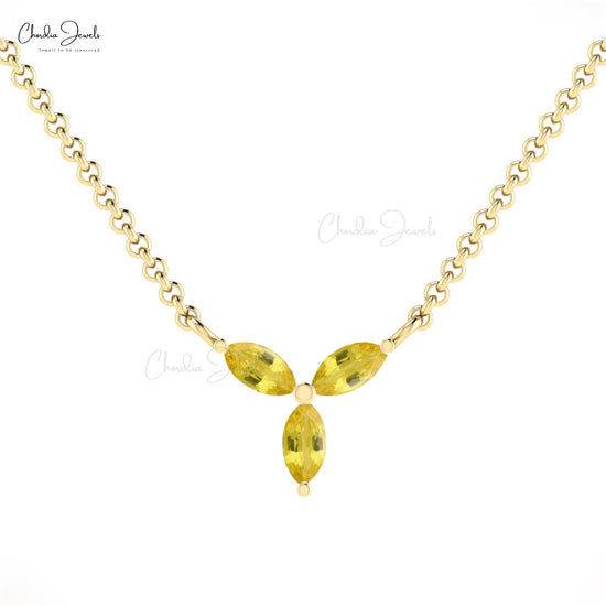 Natural Yellow Sapphire 4x2mm Marquise Cut Prong Set 3-Stone Necklace 14k Solid Gold September Birthstone Gemstone Hallmarked Jewelry For Her