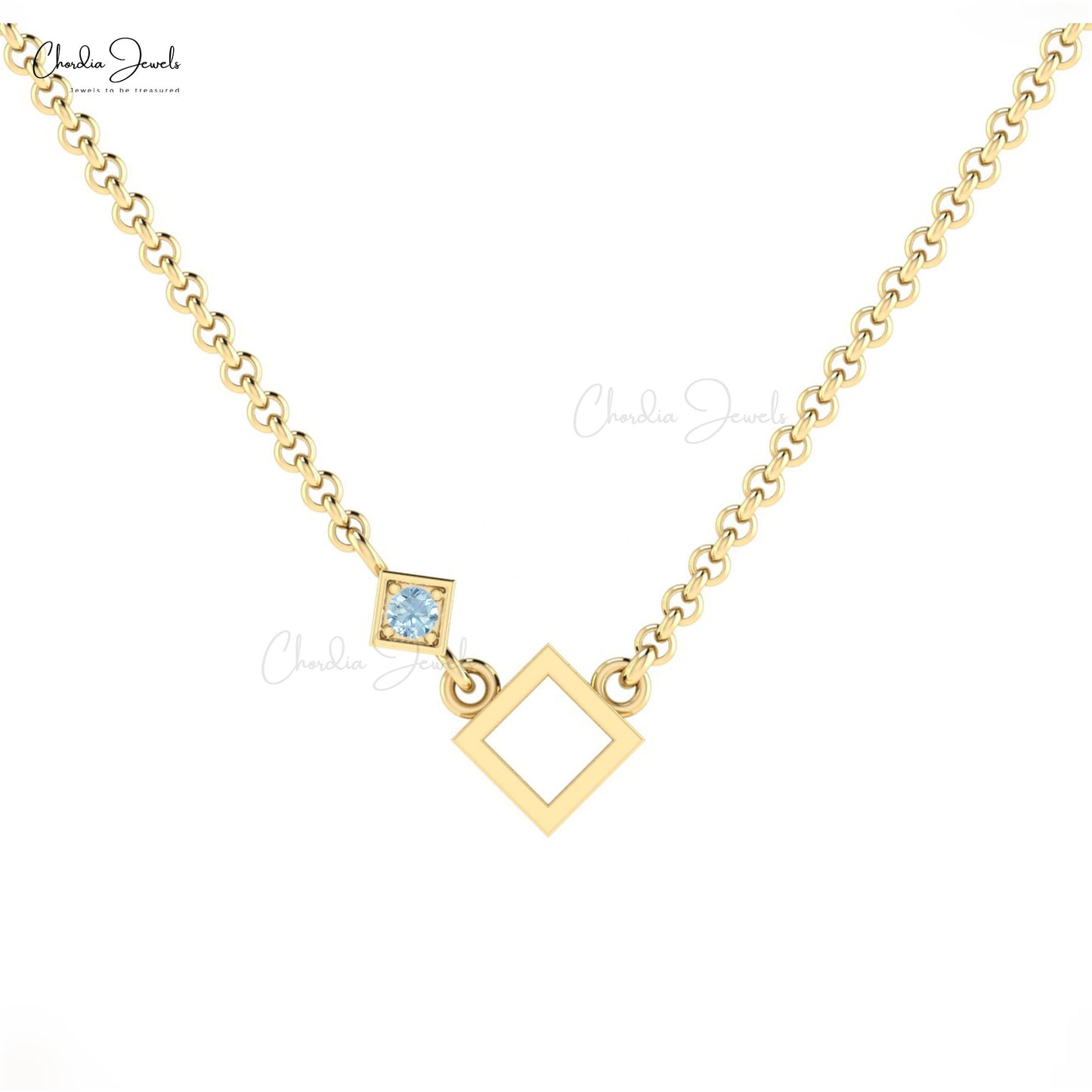 Trendy Geometric Open Square Necklace in 14k Solid Gold March Birthstone Authentic Aquamarine Gemstone Necklace Pendant Jewelry For Engagement Gift