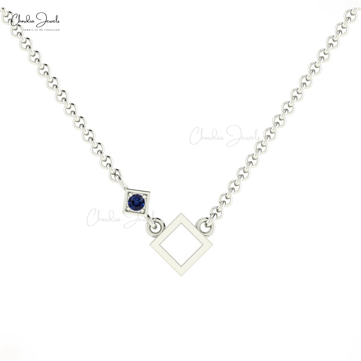 Brilliant Cut Blue Sapphire Chain Pendant In 14k Solid Gold Open Square Unique Necklace