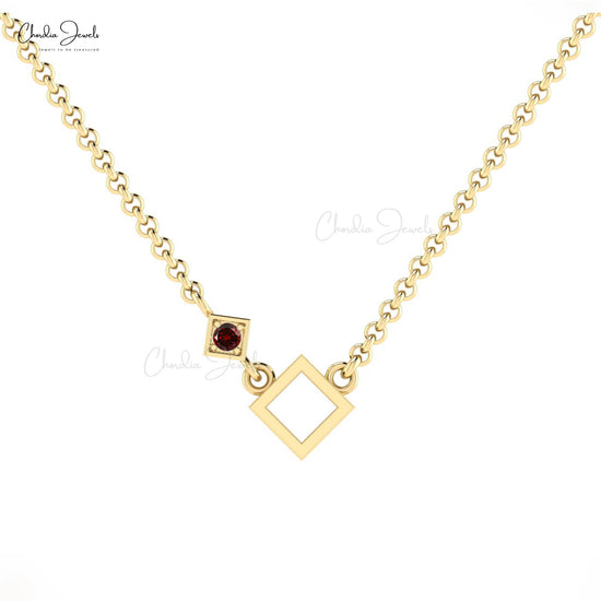 AAA Quality 2.50mm Round Cut Natural Red Garnet Open Square Necklace 14k Solid Gold January Birthstone Gemstone Accented Necklace Minimalist Jewelry