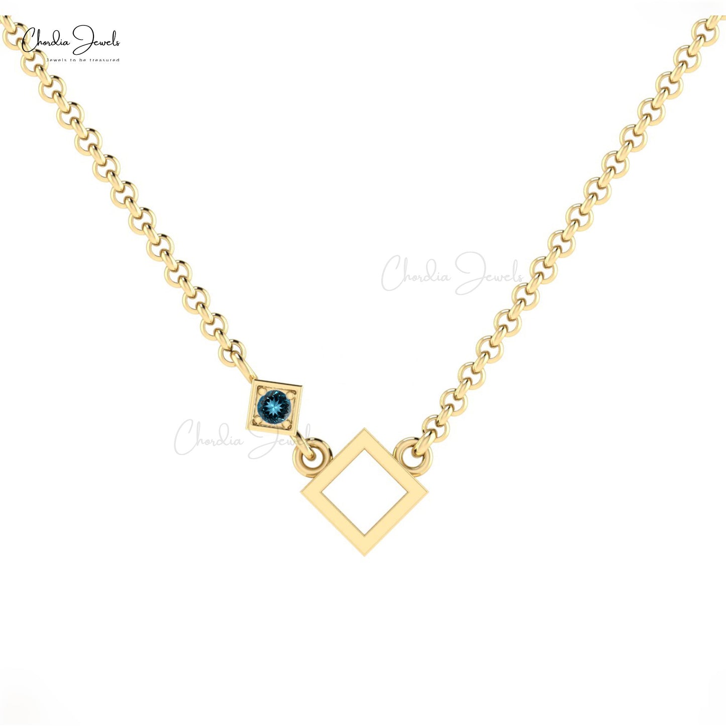 Trendy Exclusive Charms Necklace Pendant For Women Natural London Blue Topaz Open Square Gemstone Necklace in 14k Solid Gold Wedding Gift