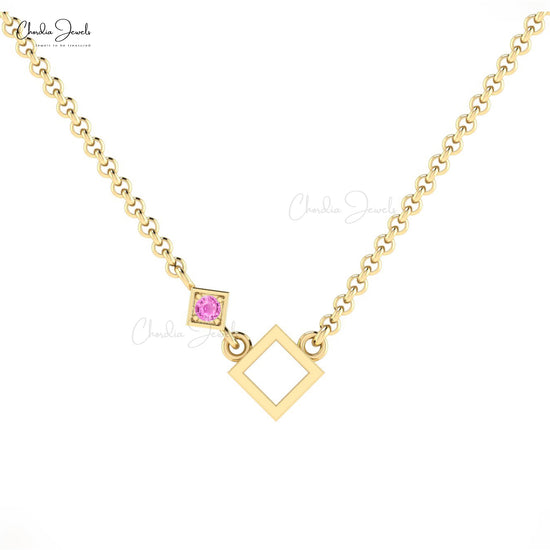 Unique Design 14k Solid Gold Open Square Necklace Pendant September Birthstone Natural Pink Sapphire Gemstone Necklace Dainty Jewelry For Gift