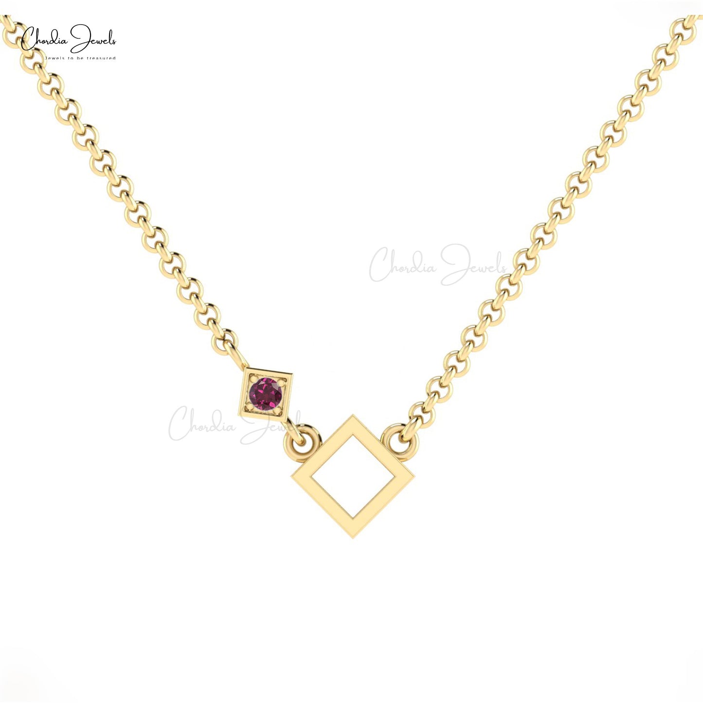 Natural Rhodolite Garnet 2.5mm Round Cut Pave Set Open Square Necklace 14k Solid Gold January Birthstone Gemstone Minimalist Jewelry For Birthday Gift